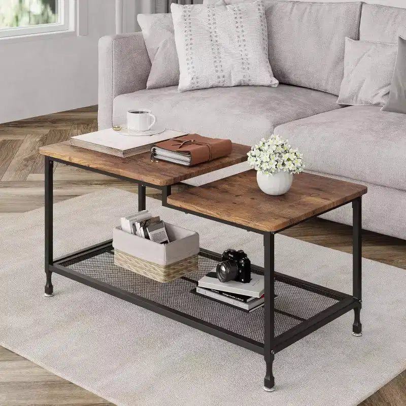 Industrial Coffee Table 2-Tier Rectangle Storage Cocktail Table Living Room Table with Mesh Shelf Metal Frame Sturdy Coffee Table Rustic Brown