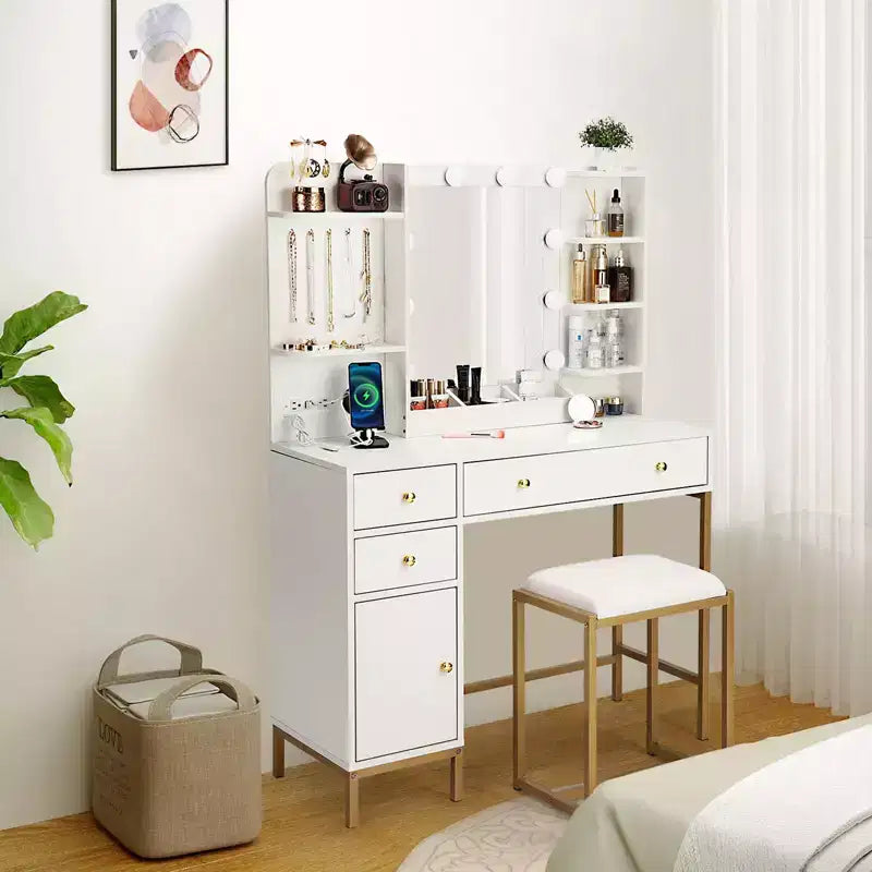 TROPOW Makeup Vanity Desk Set with Chair C Power Outlet Adjustable Lighted Mirror Storage Drawers & Shelves 3 Lighting Modes for Bedroom White
