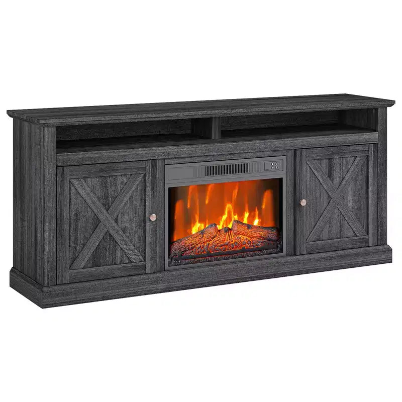 CuisinSmart 67in Farmhouse TV Stand with 23in Electric Fireplace Heater Black Media Console with 2 Cabinets & Open Shelves for Living Room