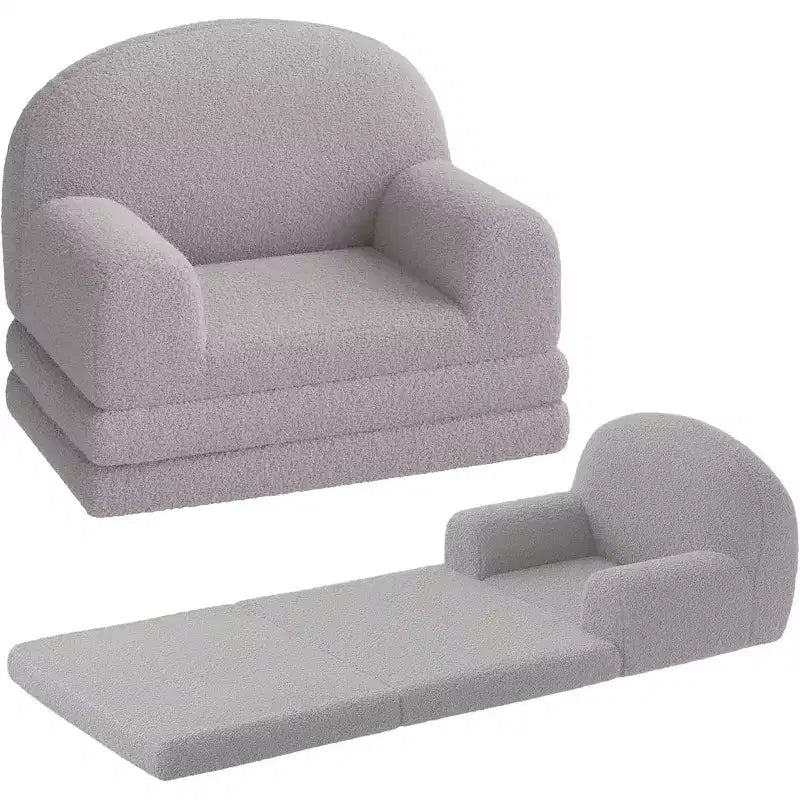 2-in-1 Kids Convertible Sofa & Lounger Half-Moon Design Couch Bed Fold Out Teddy Fleece Fabric Children's Sofa Bed Machine Washable Cover