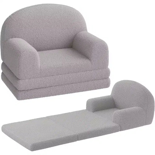 2-in-1 Kids Convertible Sofa & Lounger Half-Moon Design Couch Bed Fold Out Teddy Fleece Fabric Children's Sofa Bed Machine Washable Cover