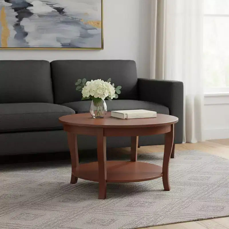 Table basse ronde en noyer avec étagère