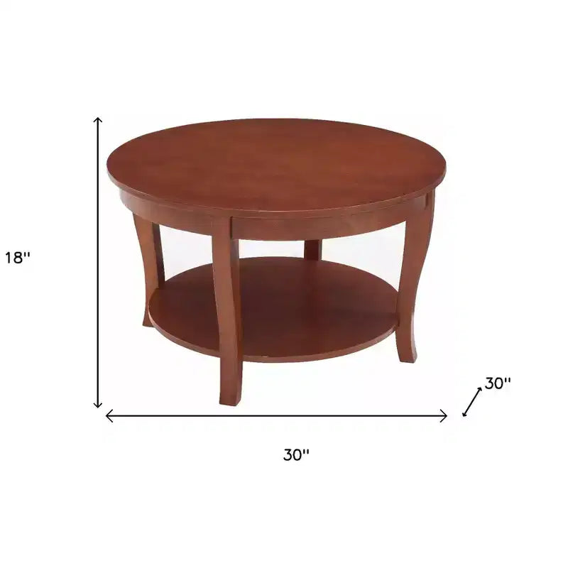Table basse ronde en noyer avec étagère