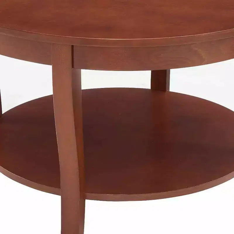 Table basse ronde en noyer avec étagère