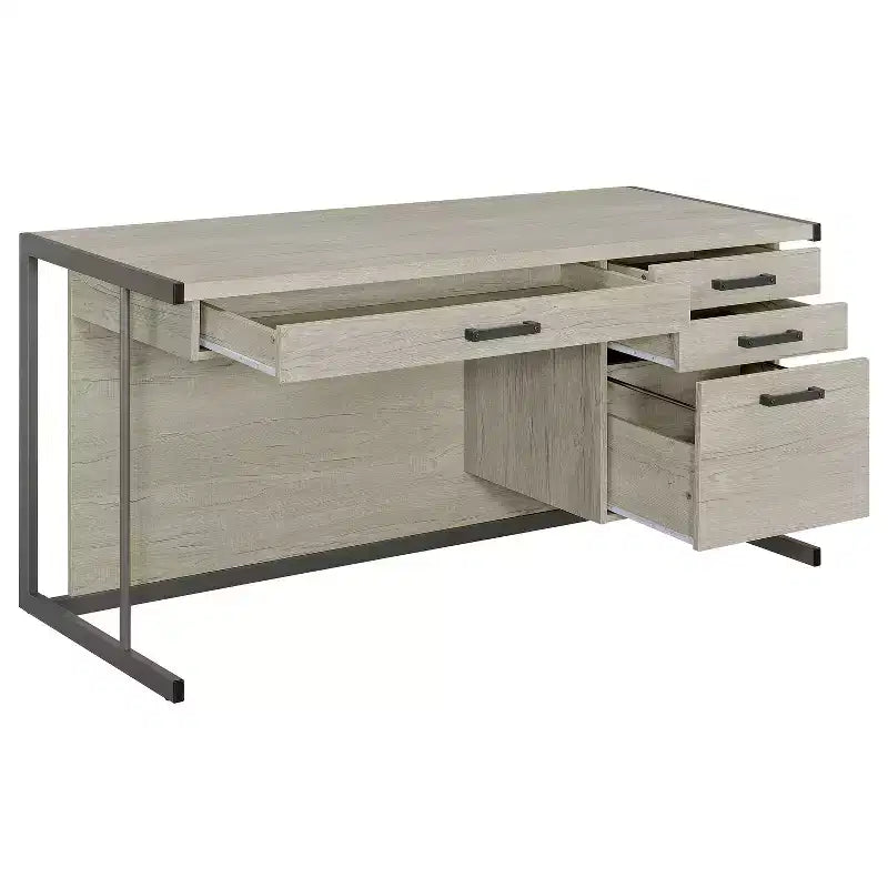 Bureau gris avec rangement et surface en papier