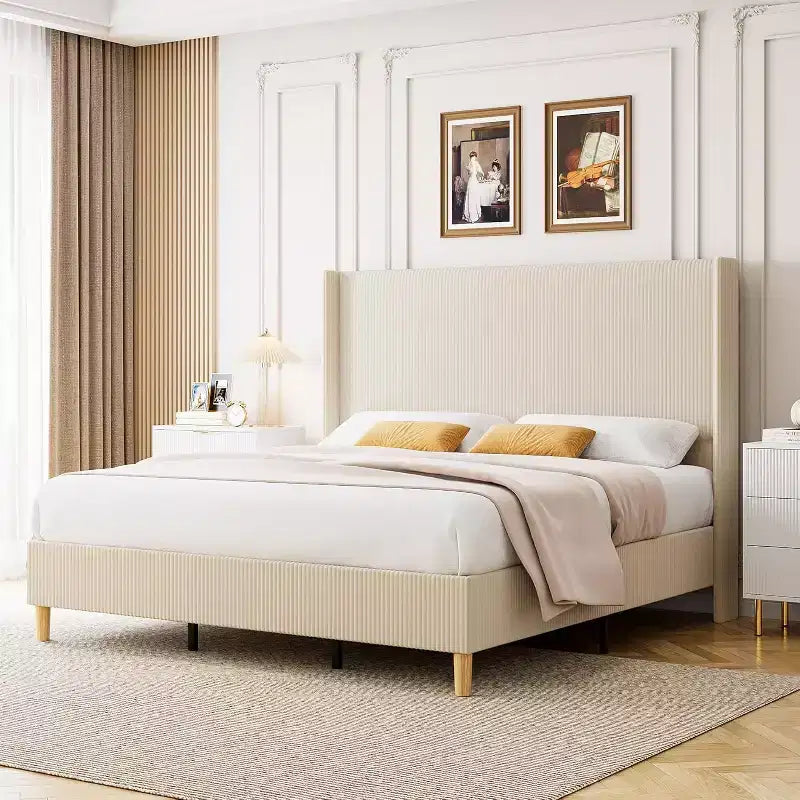 Corduroy Upholstered Bed Frame Vertical Channel Tufted Wingback Headboard Wood Slats Support Noise Free Easy Assembly