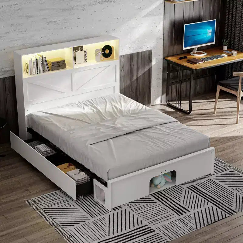 Famapy Smart Bluetooth-Enabled Bed Frame App-Contrl Custom RGB Lights Power Outlets Open Shelves+4 Rolling Drawers Central Iron Frame Pet Nook