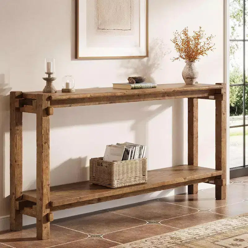 Lantine 63-Inch Solid Wood Console Table 2-Tier Farmhouse Entryway Table for Living Room Entrance Behind Sofa