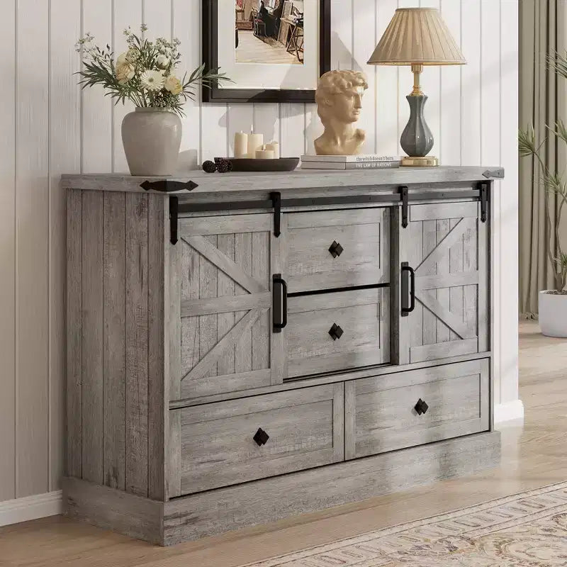 4 Drawer Dresser for Bedroom 45 in Wood Dressers With Sliding Barn Doors TV Stand With Large Drawers & Bar Handles for Closet Living Room