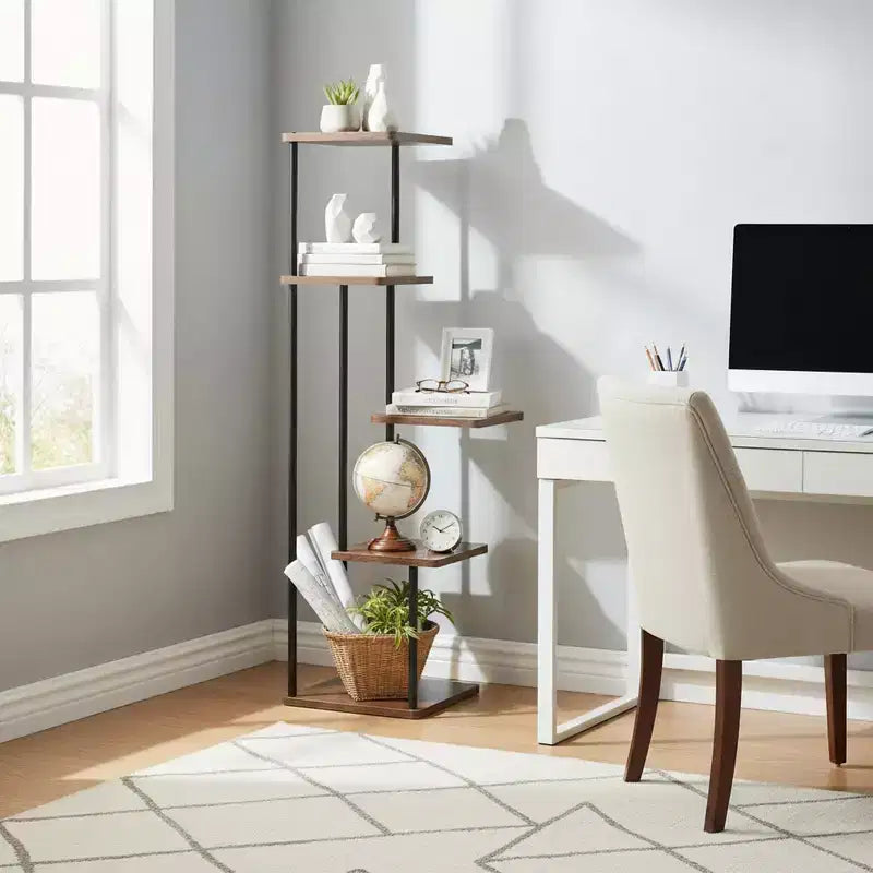 Homy Casa 5-Tier Plant Stand with Rustic Brown Shelves and Black Metal Frame Corner Display Rack