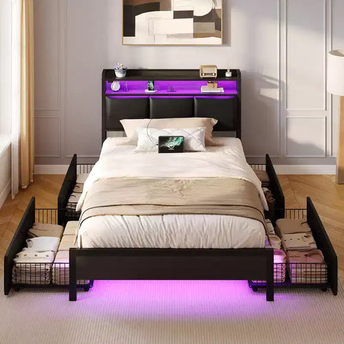 Greenstell Bed Frame with 4 Storage Drawers Upholstered Headboard with Led Light & Charging Station