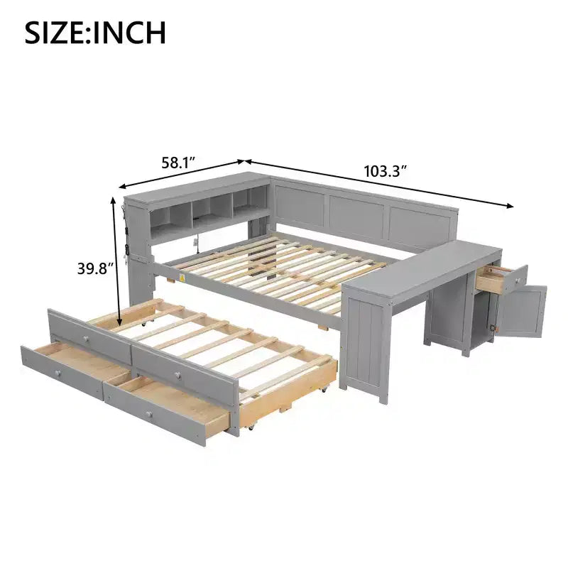 Lit plateforme, bureau avec étagères et tiroirs de rangement, et armoires