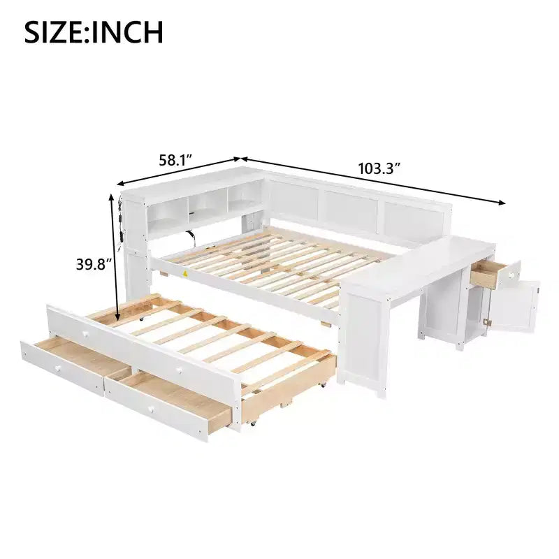 Lit plateforme, bureau avec étagères et tiroirs de rangement, et armoires