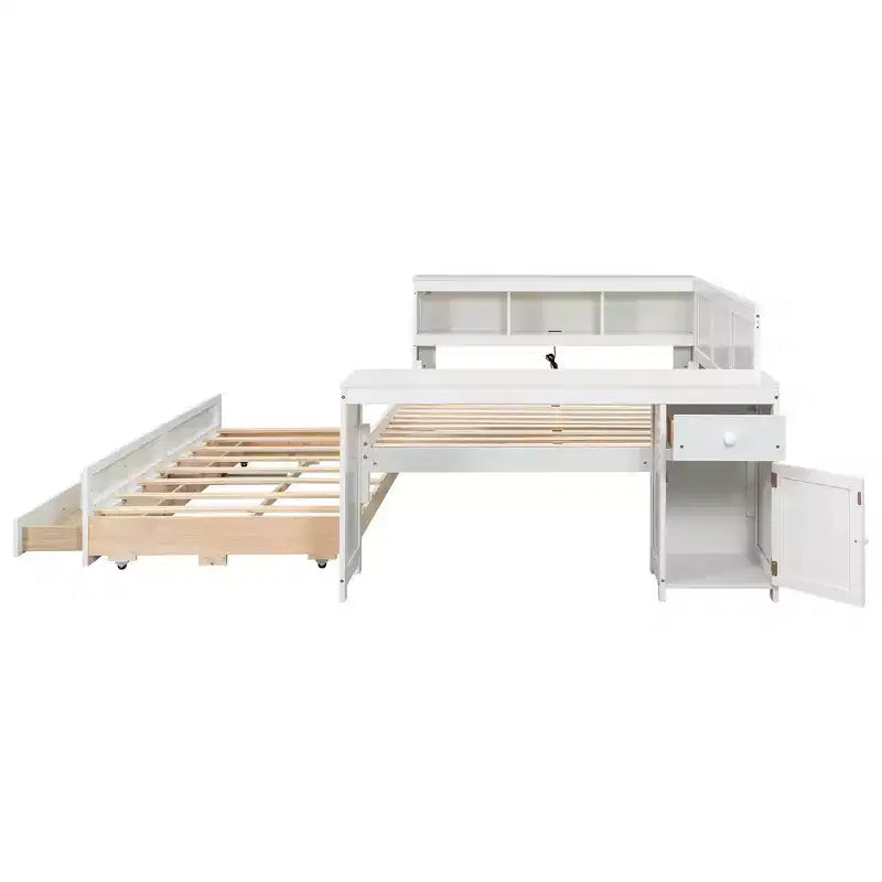 Lit plateforme, bureau avec étagères et tiroirs de rangement, et armoires