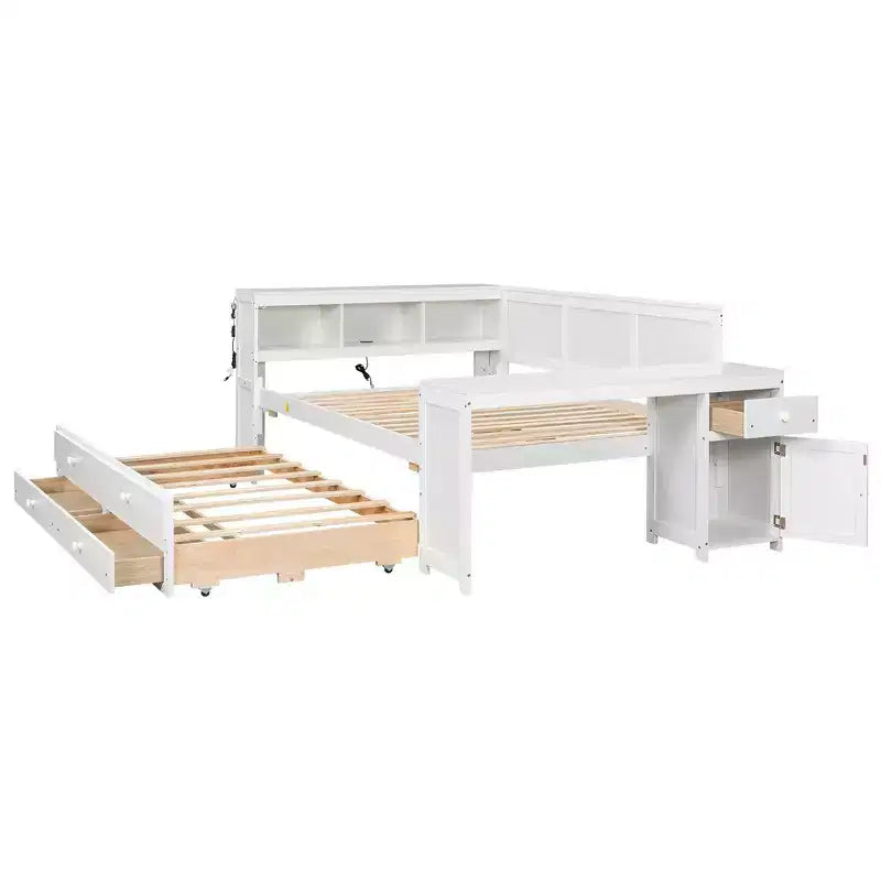 Lit plateforme, bureau avec étagères et tiroirs de rangement, et armoires