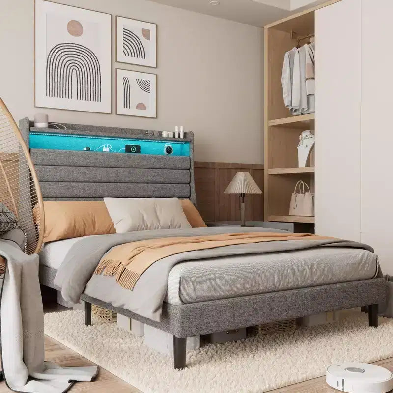Bed Frame with Headboard Modern Upholstered Bed Frame Easy Assembly Wooden Slat Support No Box Spring Needed Easy Assembly