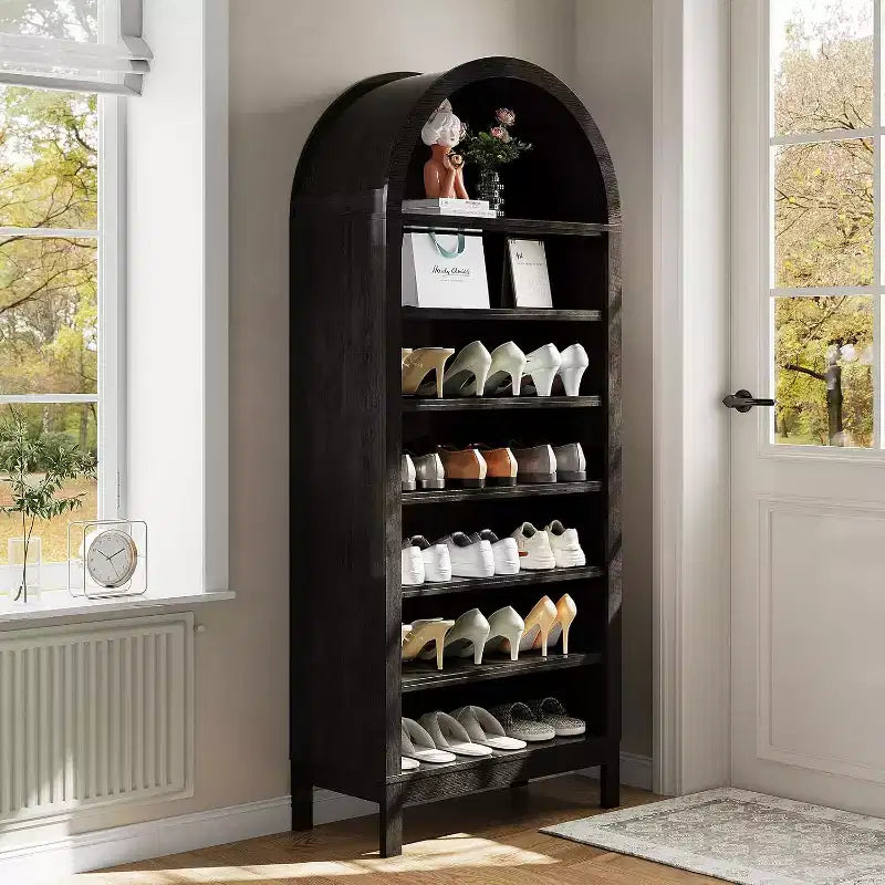 71in Tall Arched Shoe Storage Cabinet for Entryway 7 Tier Wood Shoe Organizer with Adjustable Shelves