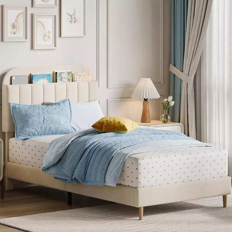 COZONY Upholstered Platform Bed Frame with Bookcase Headboard Full Size Kids Bed No Box Spring Needed