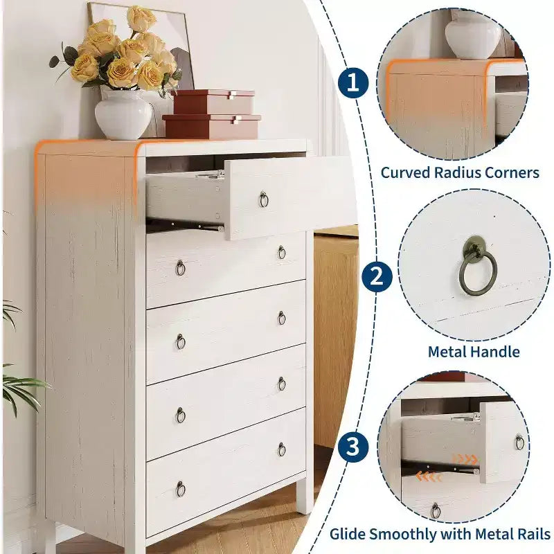 Commode blanche à cinq tiroirs, armoire moderne