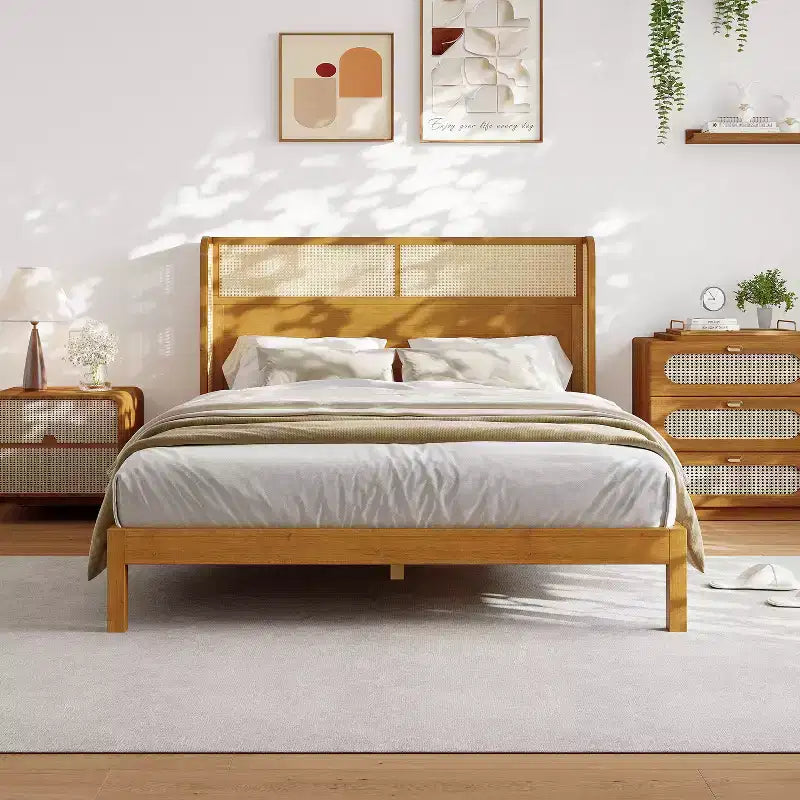 King/Queen Platform Bed Frame with Headboard Mid Century Modern Rubber Wood Bed for Bedroom Natural - ModernLuxe