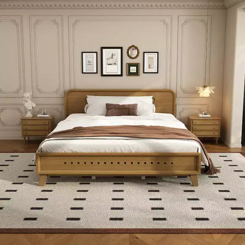 King/Queen Size Bed Frame Solid Pine Wood Platform Bed Frame No Box Spring Needed Rustic Yellow - ModernLuxe