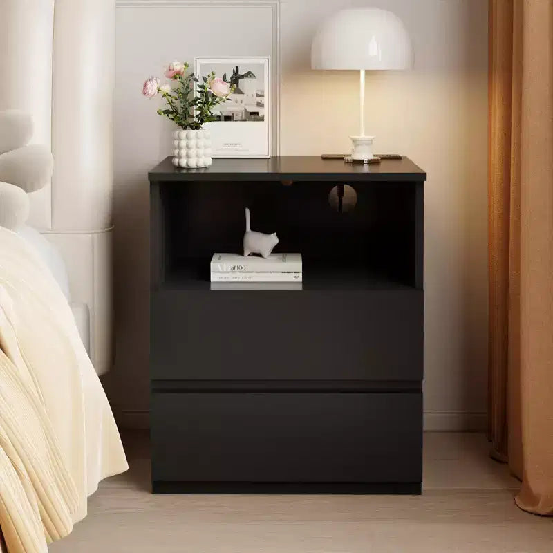 GDFStudio Aria 20 Modern Wooden Nightstands with 2 Drawers 1 Open Shelf and Charging Station (Set of 2)