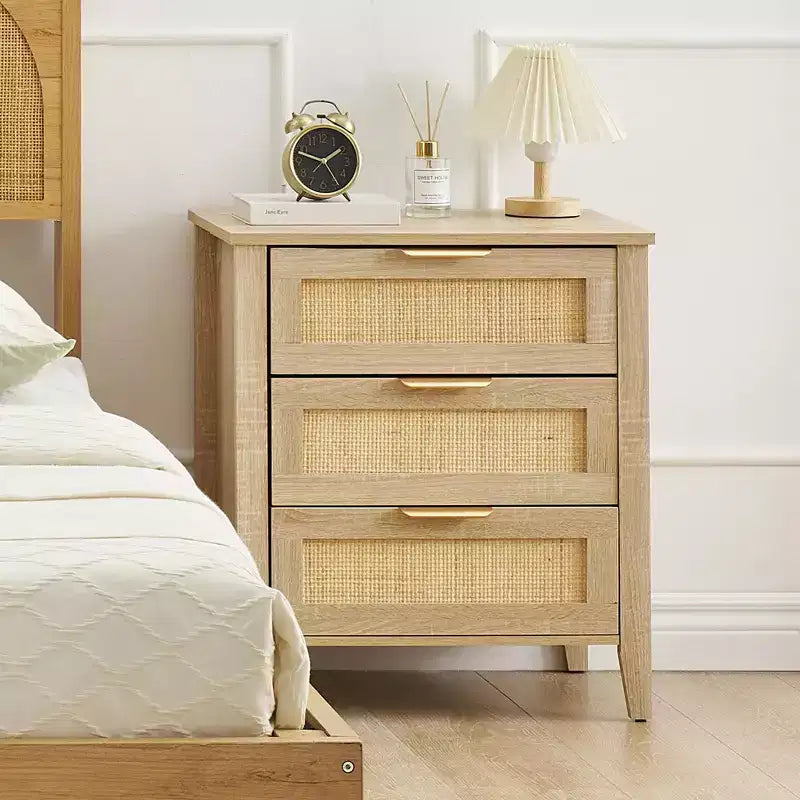 Rattan Nightstand Boho Bedside Table with 3 Drawers Storage and Starage Shelf Bedside Table with Sturdy Wood Legs for Kids' Room Farmhouse Bedroom
