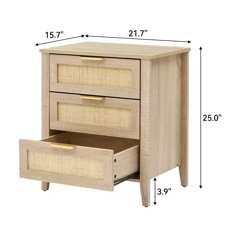 Table de chevet en osier avec 3 tiroirs et une étagère