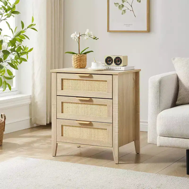 Table de chevet en osier avec 3 tiroirs et une étagère