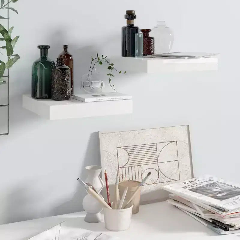 Wall Shelf Set of 2 High gloss white Honeycomb MDF metal Small