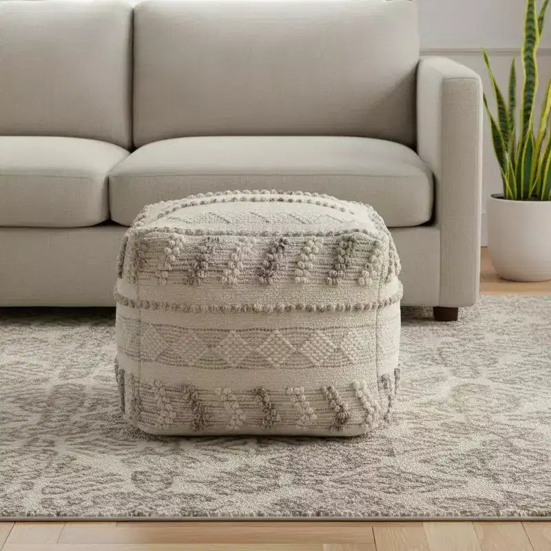Pouf Ottoman Rayé en Coton et Laine Naturel et Ivoire