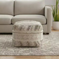 Pouf Ottoman Rayé en Coton et Laine Naturel et Ivoire