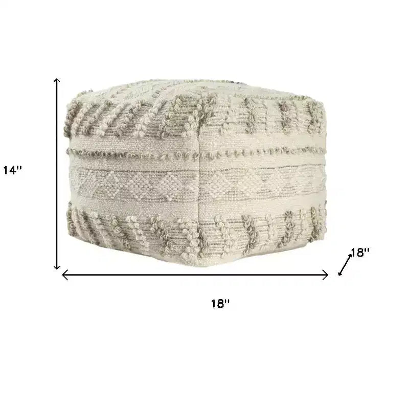 Pouf Ottoman Rayé en Coton et Laine Naturel et Ivoire