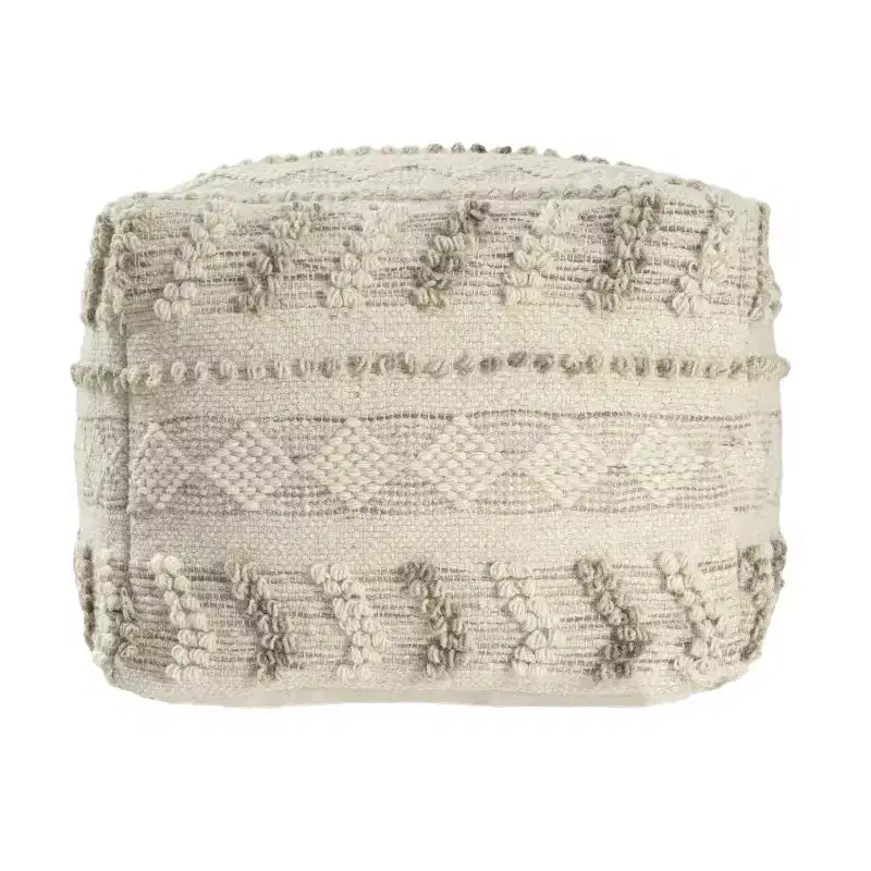 Pouf Ottoman Rayé en Coton et Laine Naturel et Ivoire