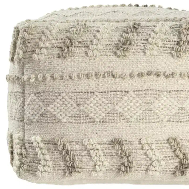 Pouf Ottoman Rayé en Coton et Laine Naturel et Ivoire