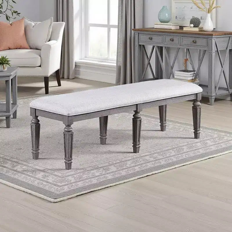 Royal Hampton Dining Bench with Turned Legs 64 Inch Gray Wood and Fabric