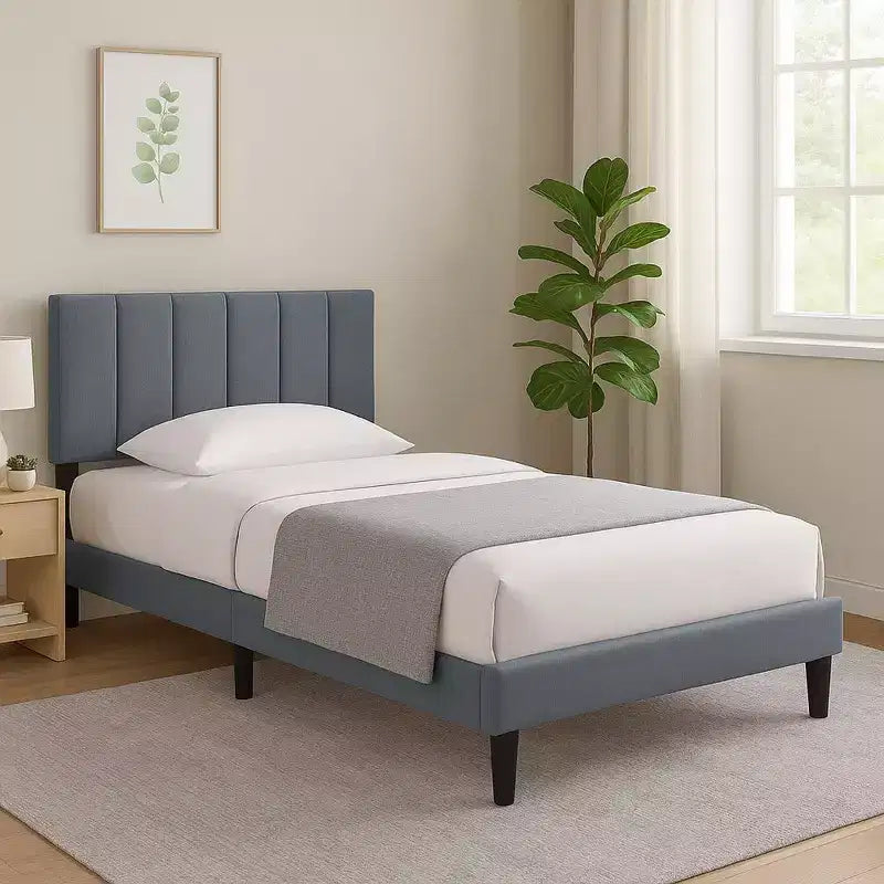 Royal Hampton Full Bed Soft Channel Tufted Charcoal Gray Linen Upholstery