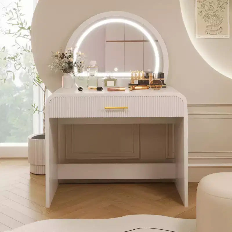 Makeup Vanity Table with Lighted Mirror Bedroom Vanity Desk Contemporary Vanity Set with Padded Stool Dressing Table with Spacious Drawers