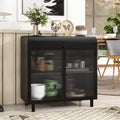 Modern Black Sideboard Buffet Flip-Top Cabinet with Steel Frame & Tempered Glass Doors Antique-Style Buffet for Kitchen or Dining Room