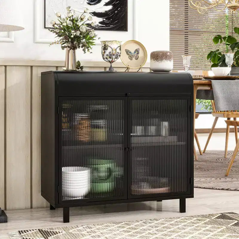 Modern Black Sideboard Buffet Flip-Top Cabinet with Steel Frame & Tempered Glass Doors Antique-Style Buffet for Kitchen or Dining Room