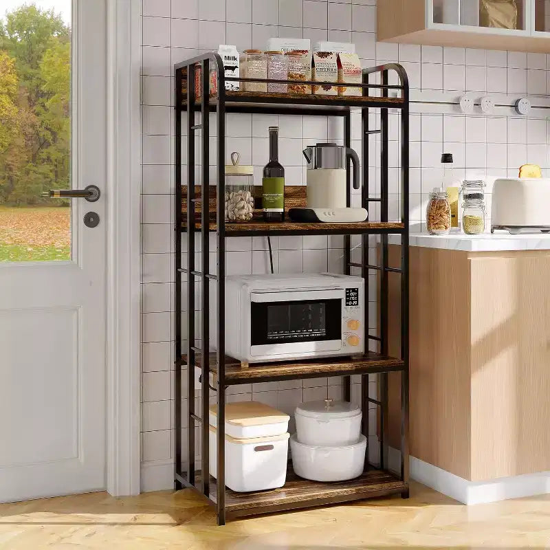 4 Tier Bakers Rack Spacious 4-Tier Storage Freestanding Microwave Stand Heavy-Duty Metal Frame Protective Barrier & Stability Space-Saving Design