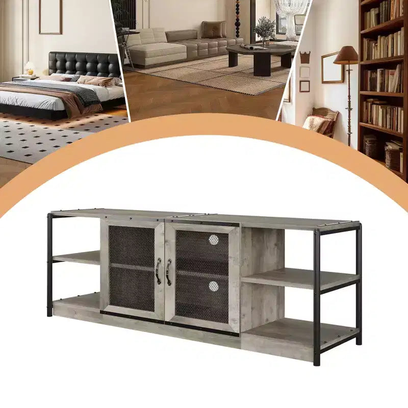 Industrial Entermainment Center with Storage Cabinet & 2 Mesh Doors 2 Tier TV Stand with Wood Rustic TV Console