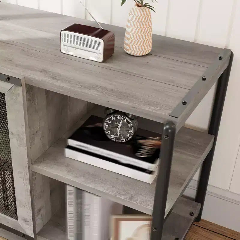 Meuble TV double couche avec panneau de commande rétro en bois