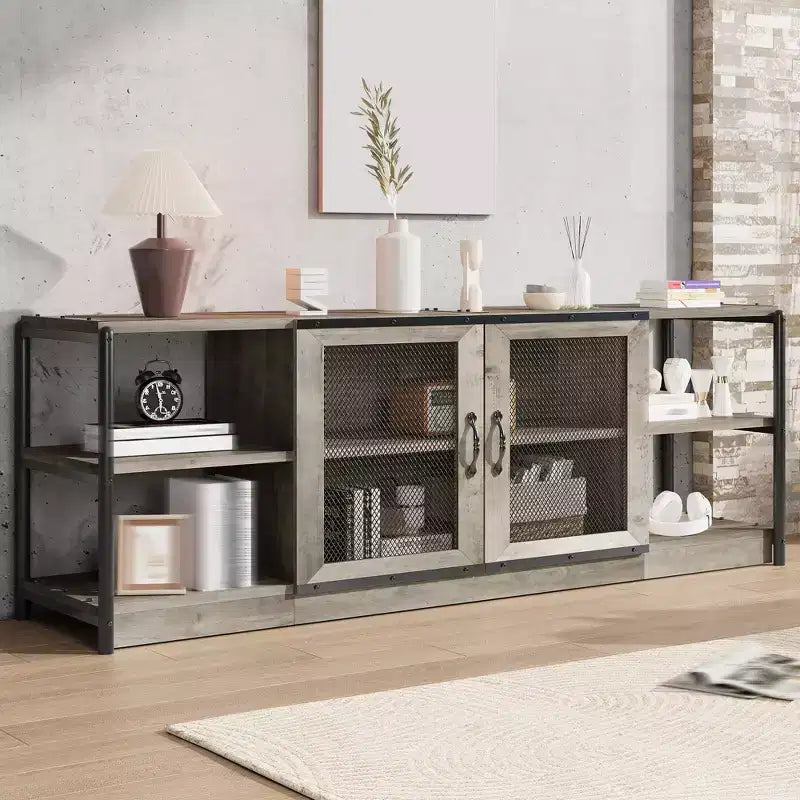 Meuble TV double couche avec panneau de commande rétro en bois