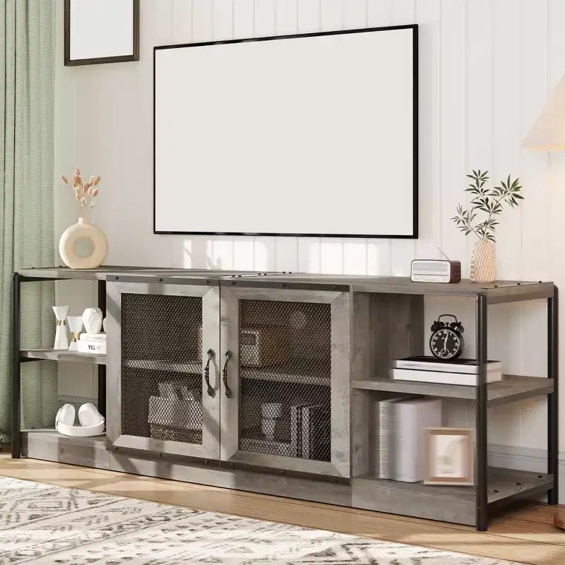 Meuble TV double couche avec panneau de commande rétro en bois