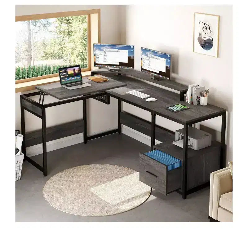 Bureau d'angle en L réglable en hauteur pour ordinateur