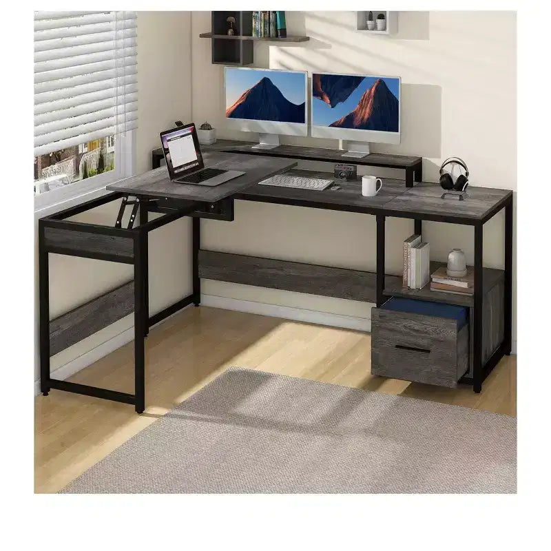 Bureau d'angle en L réglable en hauteur pour ordinateur