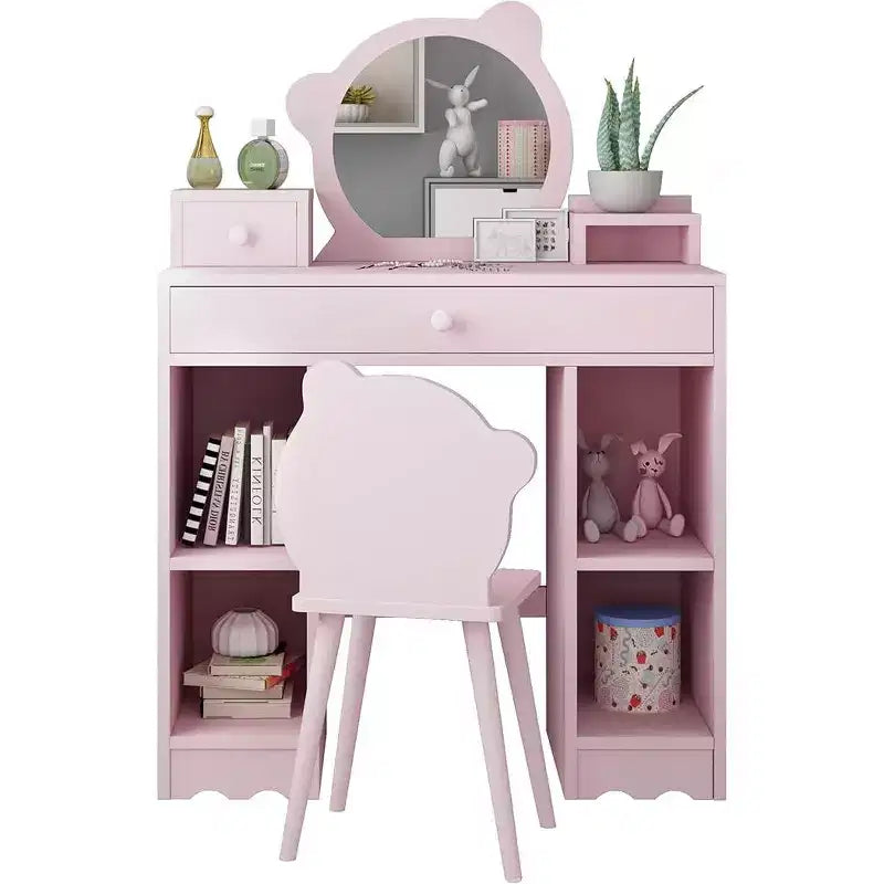 2-in-1 Dressing Table and Stool Set with Drawers & Open Shelves Bear-Shaped Mirror & Stool Makeup Dressing Table for Bedroom Pink