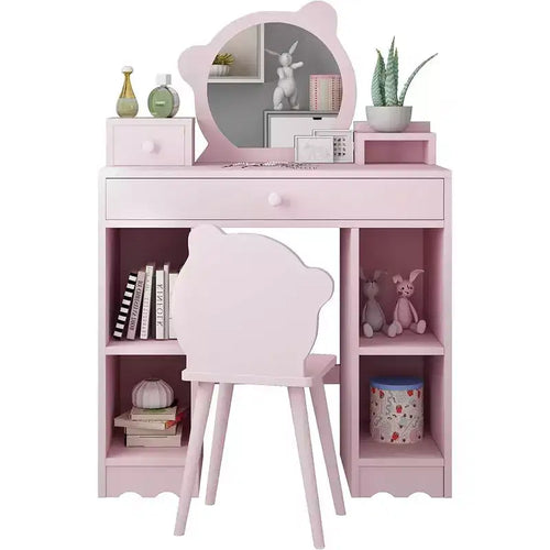 2-in-1 Dressing Table and Stool Set with Drawers & Open Shelves Bear-Shaped Mirror & Stool Makeup Dressing Table for Bedroom Pink
