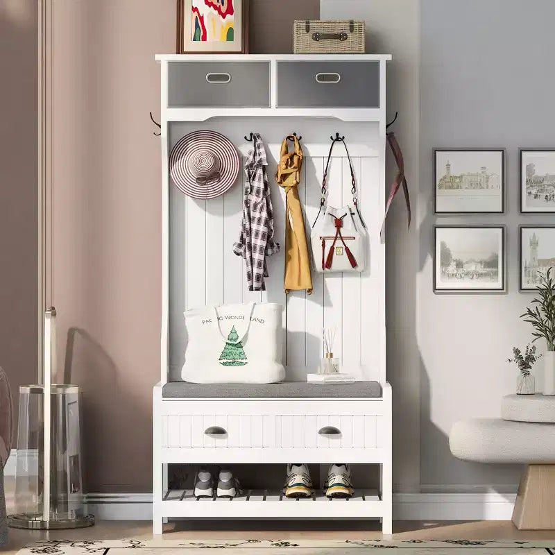 Okak 69IN Farmhouse Hall Tree with 6 Hooks and Hinged Lid Coat Rack with Storage Bench Entryway Storage for Living Room Hallway White